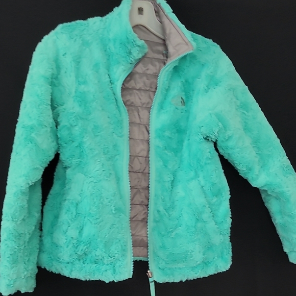 The North Face Girls Reversible Light Gray Puffer with Aqua Trim - Picture 4 of 7